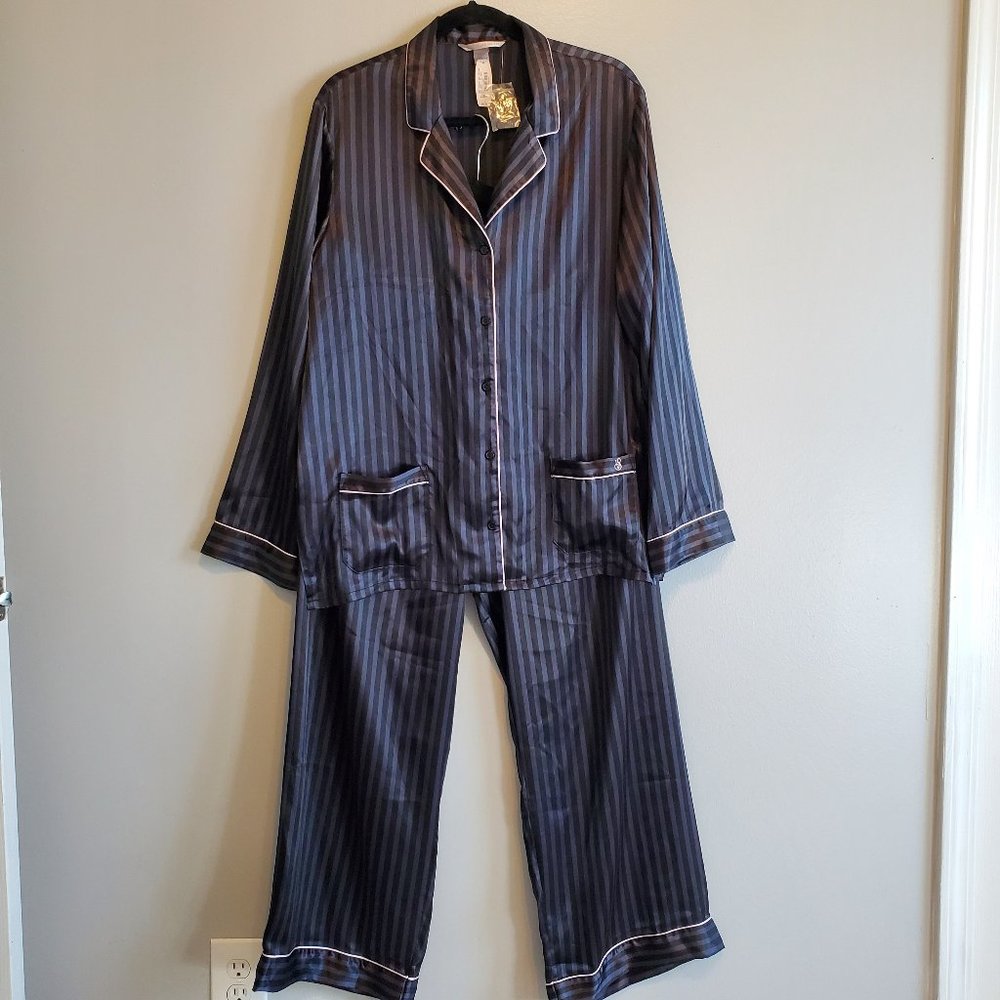 NWT - Victoria's Secret Satin 2 Piece Pajama Set, black and gray striped - Large